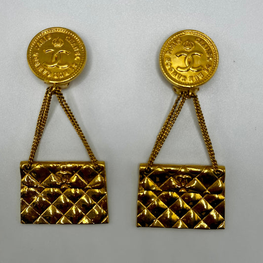 1988 CHANEL Vintage CC Coin Quilted Flap Earrings- 23P Collection