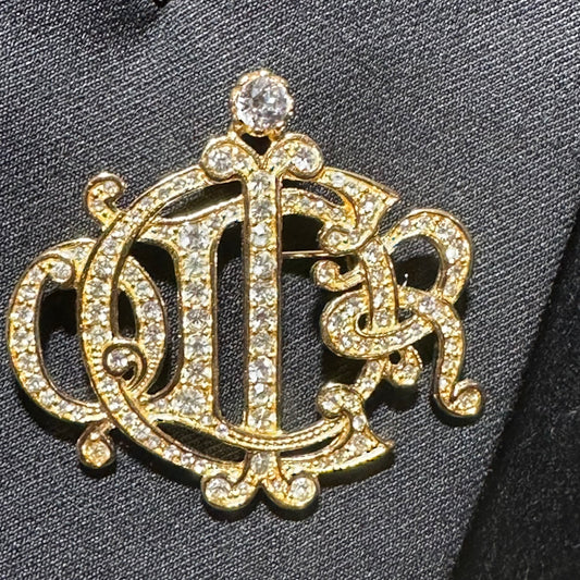 Vintage Christian Dior Monogram Brooch – Gold & Crystal