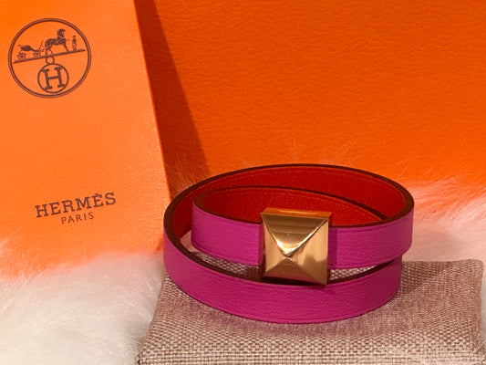 Hermès Double Tour Leather Bracelet – Rose Pourpre & Vermilion