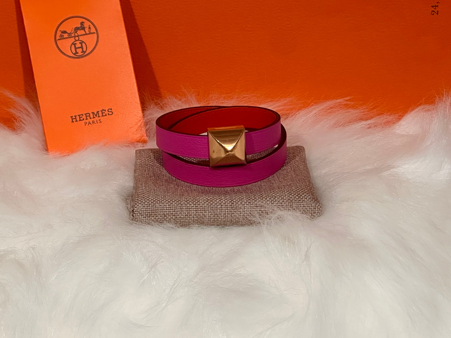 Hermès Double Tour Leather Bracelet – Rose Pourpre & Vermilion